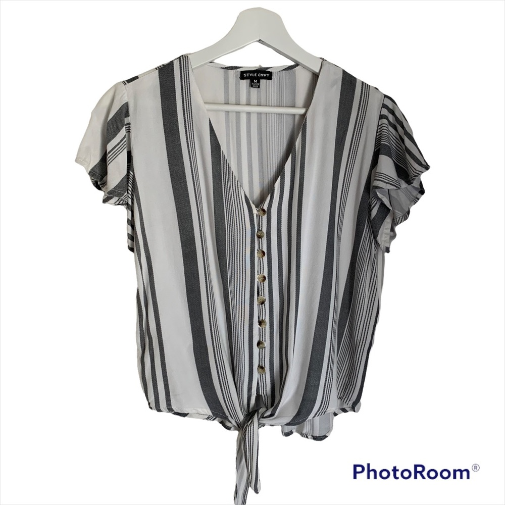 Style Envy M flutter sleeve button front tie top blouse crop career beach boho